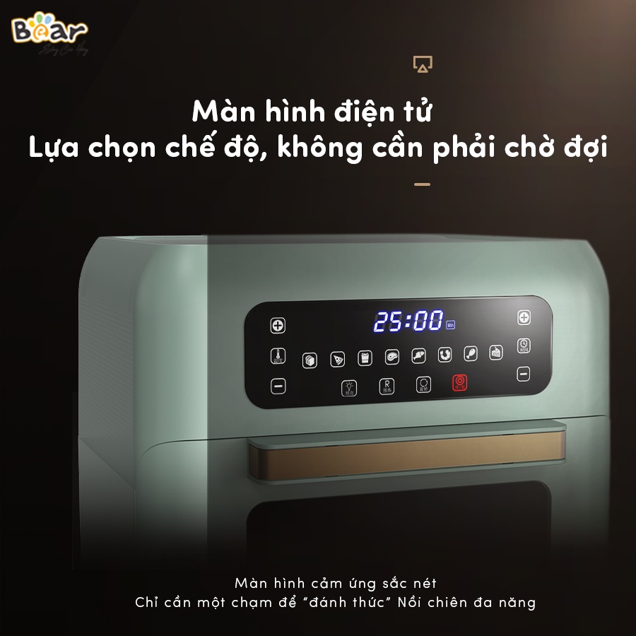 Nồi chiên không dầu Bear 10L QZG A15V1 Chiên không khí, nướng đối lưu Màu xanh pastel - Bảo hành Chính hãng 18TH