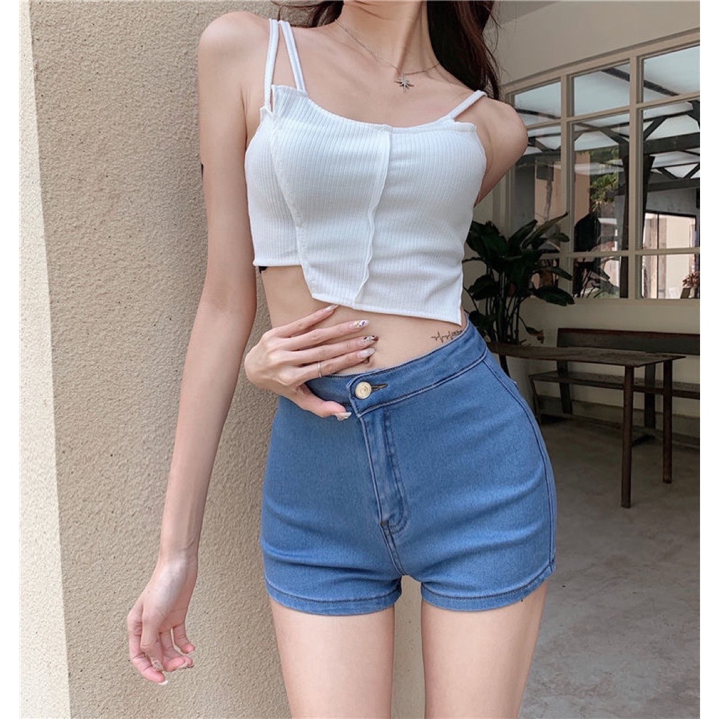 Quần short jean nữ Trơn Lưng form ôm, Quần Short Bò Cạp Cao Ulzzang Hàng Quảng Châu