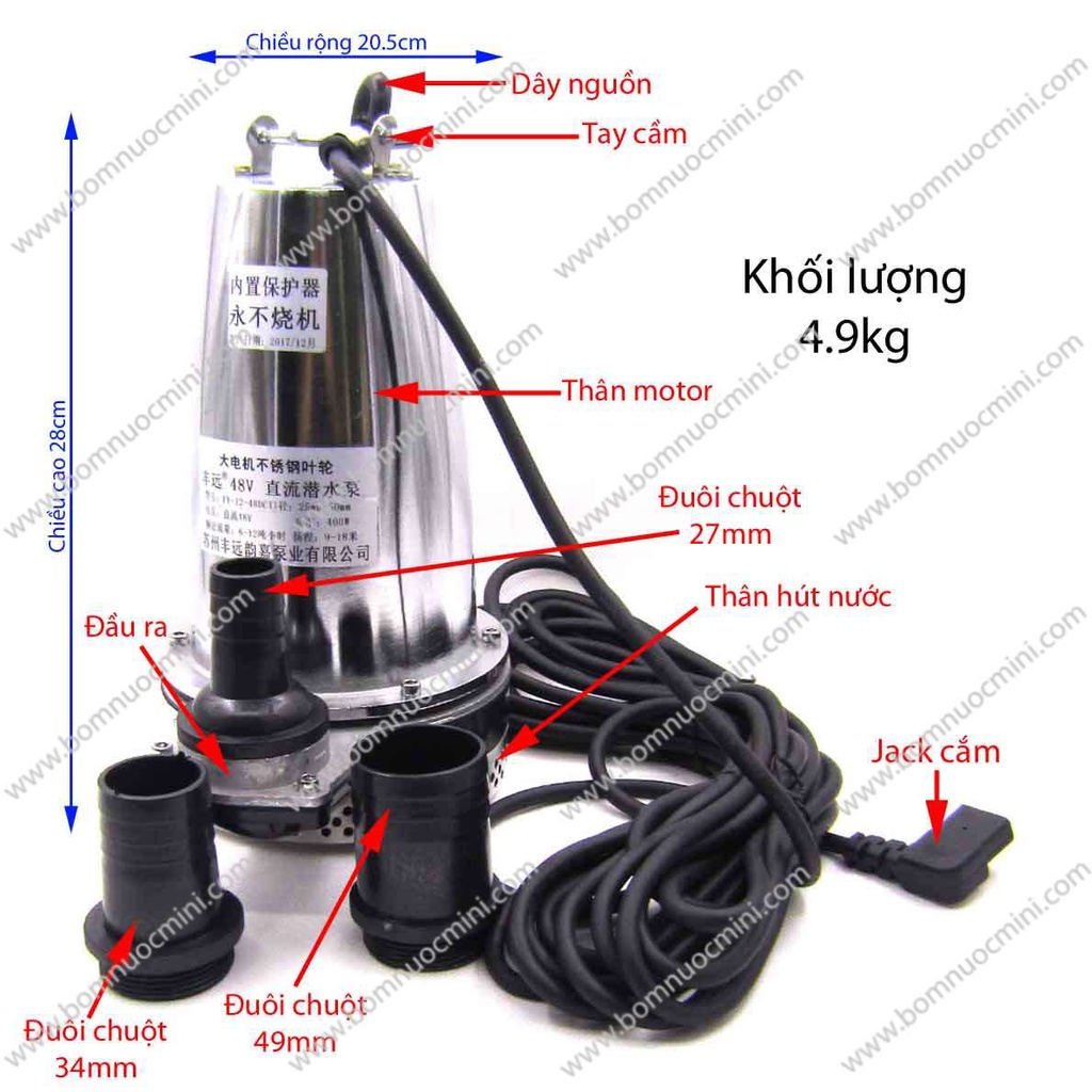 Bơm Chìm 48V 60V 400W 200 Lít/Phút, Bơm Chìm 48V
