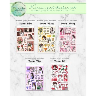 Set sticker cô gái hàn quốc màu đỏ - vàng - tím - hồng - nâu trang trí sổ vintage, cá tính