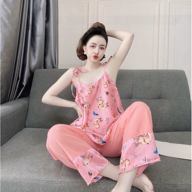 Bộ ngủ dây mặc ngủ mặc nhà quần dài có túi họa tiết xinh xắn