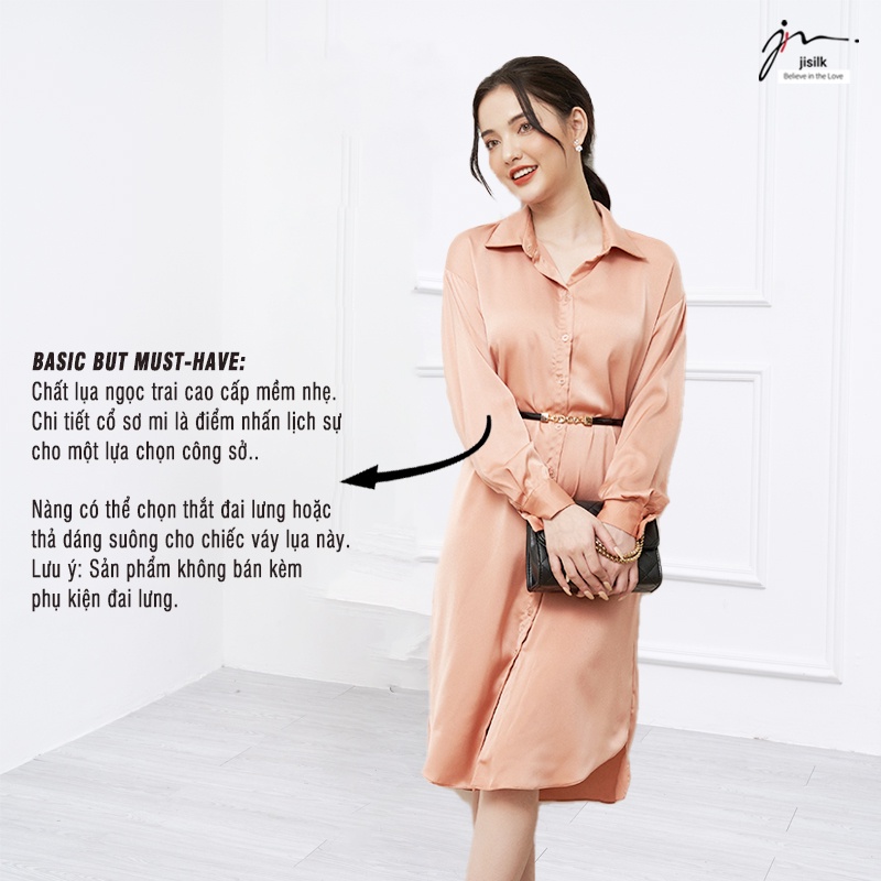 Đầm sơ mi dáng dài jisilk thắt eo công sở bigsize lụa hàn quốc đen xanh vàng cam Boomie L.VSM-01