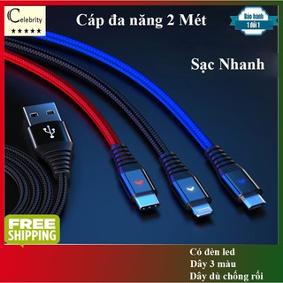 Cáp sạc điện thoại đa năng, dài 2M, có đèn led,  cáp sạc nhanh, sạc 3 đầu Type-C - Micro - Lightning Celebrity Store