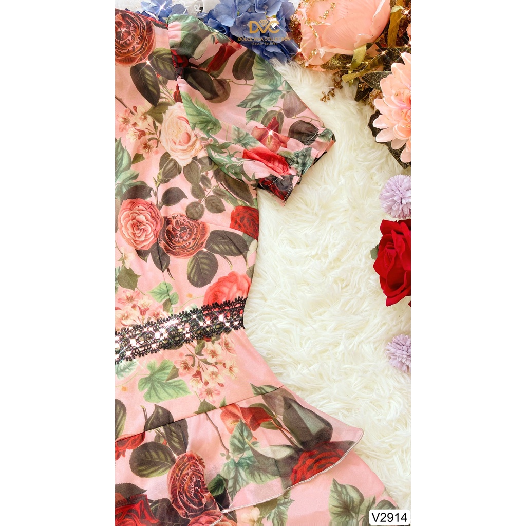 VÁY HOA HỒNG PHỐI 5 TẦNG BÈO V2914 -DOLCE VIVA COLLECTION