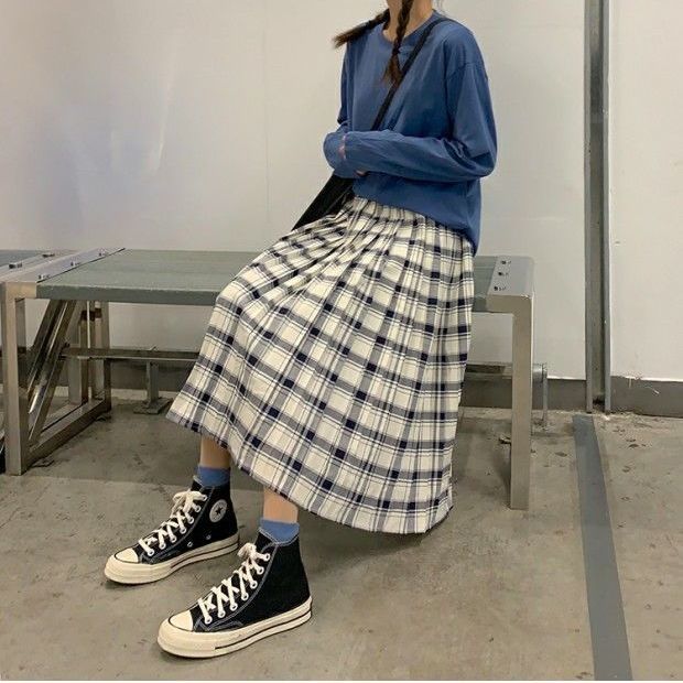 Korean Style Women's Retro Plaid Elastic Casual Plaid Skirt