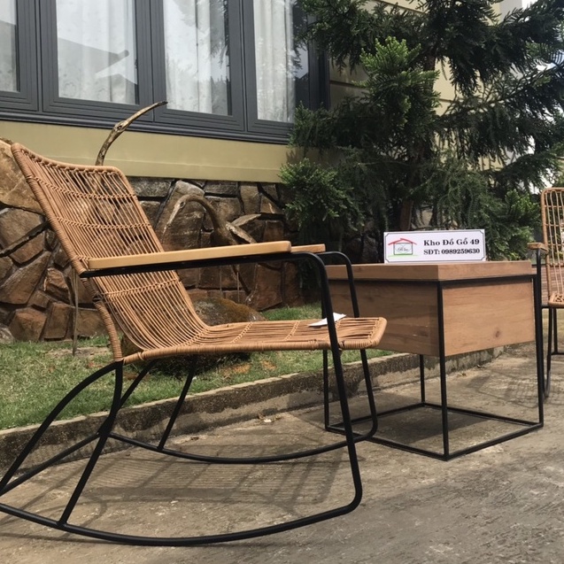 Ghế mây bập bênh, ghế thư giãn dùng trong nhà và ngoài trời BLAO 1989, màu nâu, vật liệu mây PP rattan