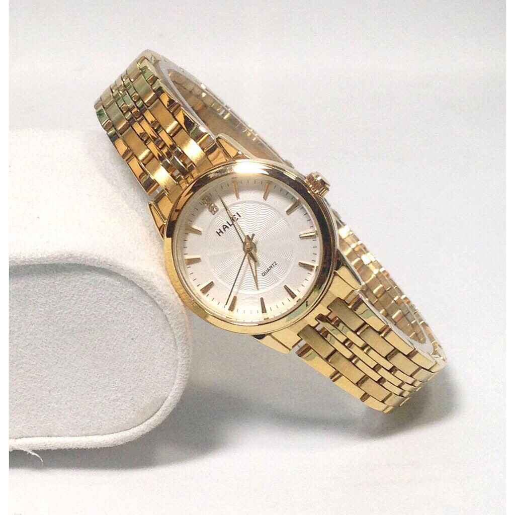 Đồng hồ Nữ dây thép vàng Halei mặt tròn màu trắng chống ghỉ, chống xước, chống nước tuyệt đối HL552