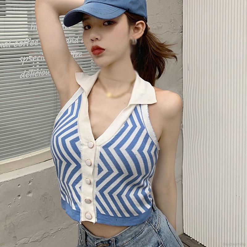 [Mã FAMAYWA giảm 10K đơn 50K] Áo Tank Top Dệt Kim Hoạ Tiết Kẻ Sọc Thiết Kế Cổ Chữ V Quyến Rũ | BigBuy360 - bigbuy360.vn