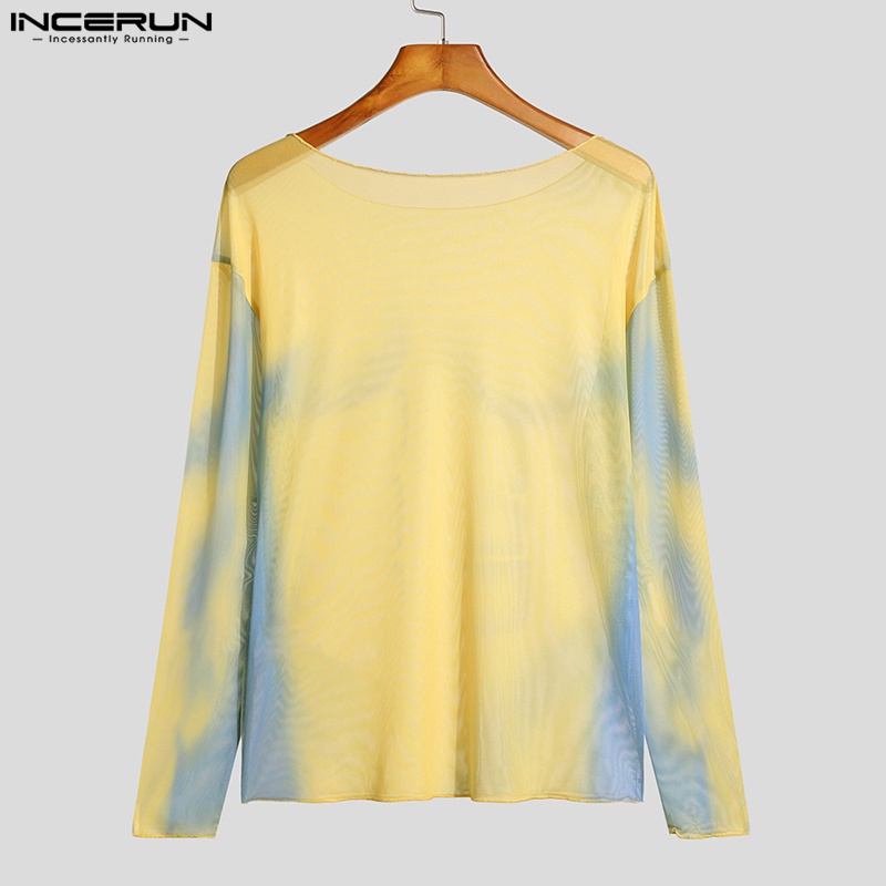 INCERUN Áo Thun Tay Dài Cổ Tròn In Hình Cơ Bắp Phối Lưới Thời Trang Cho Nam