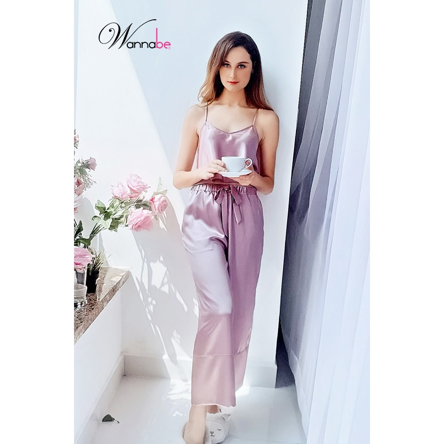 Đồ bộ mặc nhà phi lụa WANNABE BDS07 bộ dài áo croptop, quần dài ống suôn thắt nơ eo, áo ba lỗ lưng ren xinh đẹp