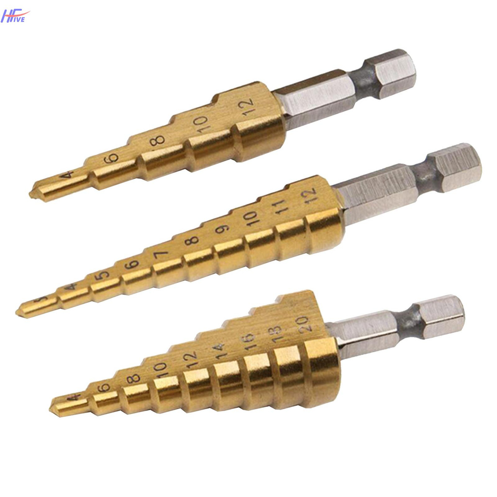 hello# 3PCS Titanium Step Drill Bit Set Multiple Hole Step Drill High Speed Steel Total 24 Sizes 3-12mm/4-12mm/ 4-20mm Drilling Tool