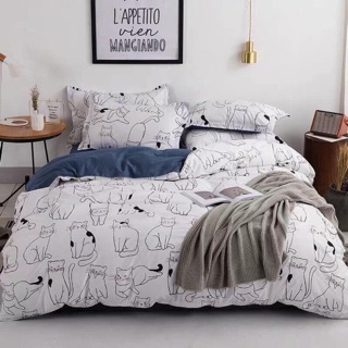 Bộ chăn ga gối cotton poly - Mẫu mèo trắng ga xanh.