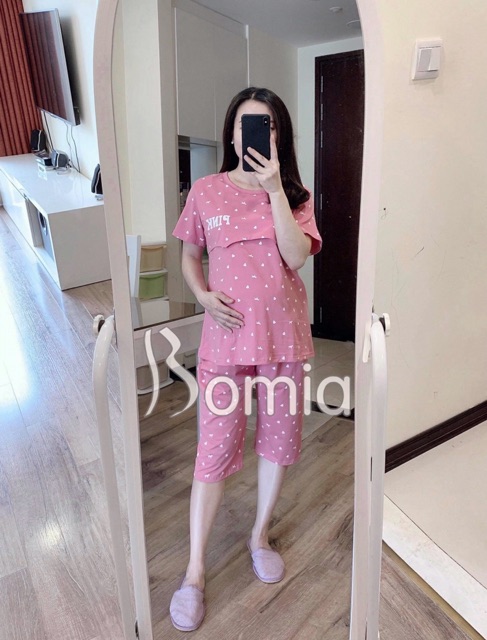 Đồ bộ bầu và sau sinh chất cotton Pink lửng