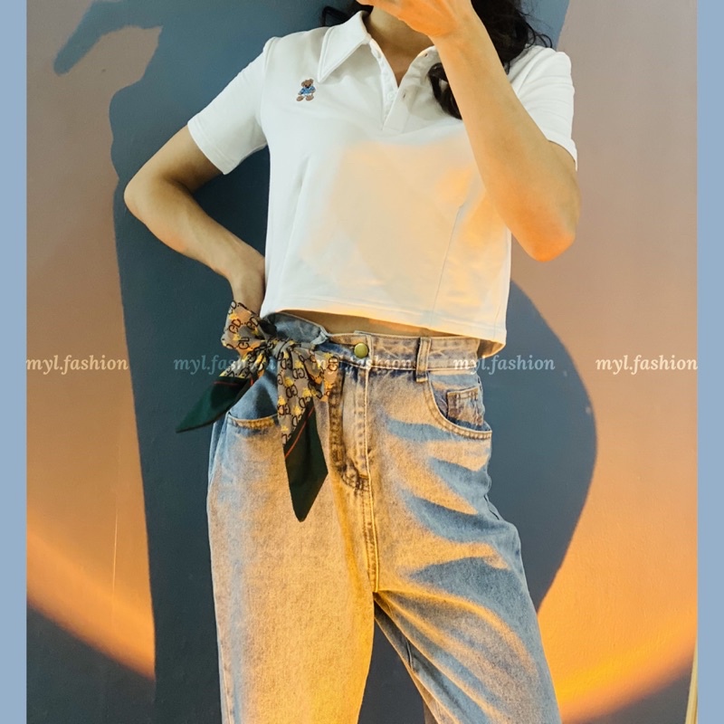 Áo thun croptop myl.fashion, áo kiểu croptop có cổ cộc tay thêu hình gấu | BigBuy360 - bigbuy360.vn