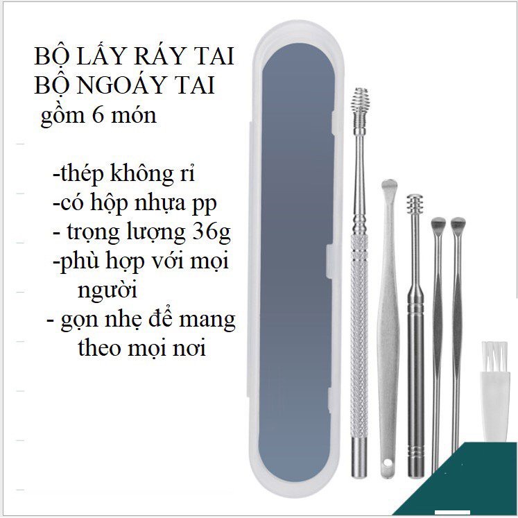 Bộ dụng cụ ngoáy tai inox 6 món nhỏ gọn kèm hộp Bộ dụng cụ vệ sinh lấy ráy tai bằng thép không rỉ an toàn