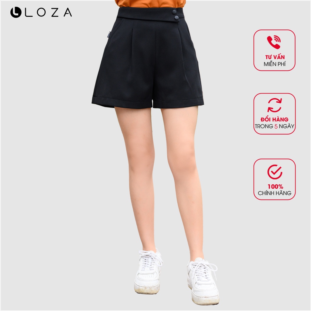 Quần short nữ LOZA cạp lệch đính cúc đen- LQ03109