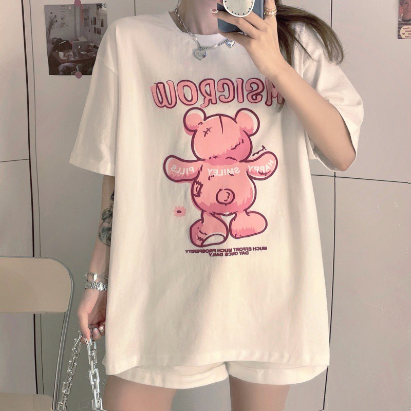 Áo Thun Tay Ngắn Cổ Tròn Dáng Rộng In Họa Tiết Hoạt Hình Dễ Thương Cho Nữ