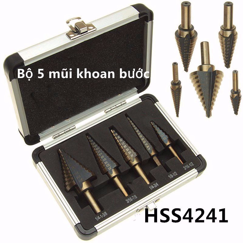 MŨI khoan bước tháp HSS 4 - 35mm khoan kim loại,thép,sắt,nhôm,gỗ inox...soeeu cứng Bộ 5 mũi