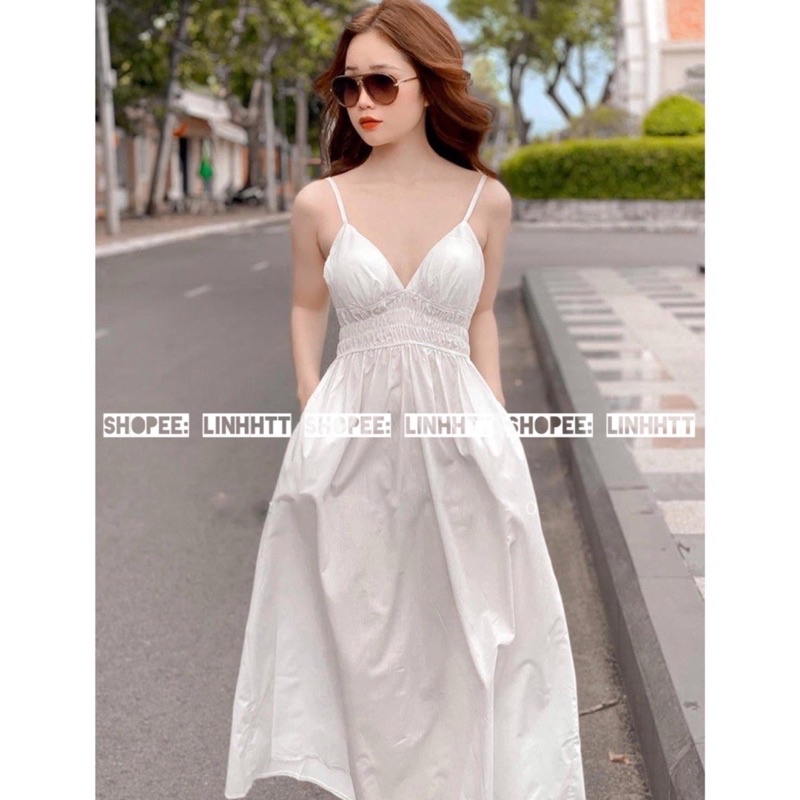 Váy 2 dây dáng dài sexy có túi sang chảnh cổ V