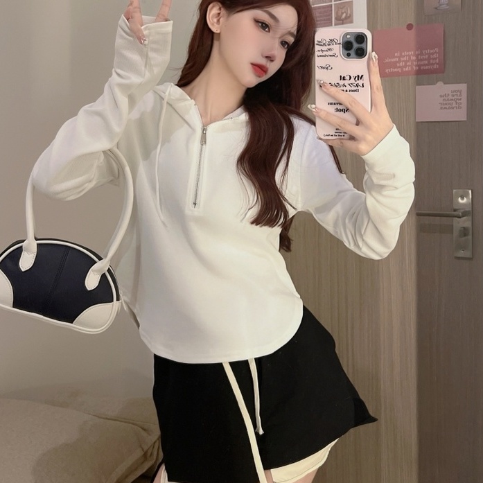 Áo hoodie ZHELIHANGFEI tay dài lưng cao có khóa kéo phong cách thời trang quyến rũ cho nữ