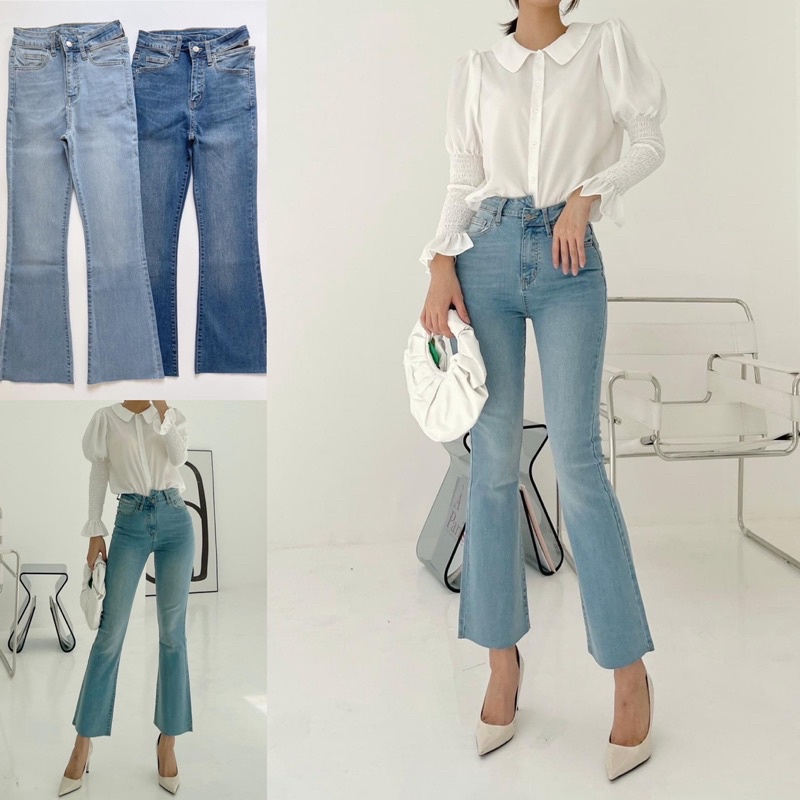 Quần Jean Nữ ống Loe đai lệch lưng cạp cao chất jean dày dặn co giãn thoải mái phom 9 tấc tôn dáng