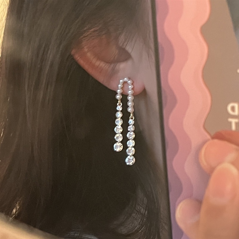 Khuyên tai dáng dài đính đá lấp lánh phối ngọc trai giả thời trang 19A1700