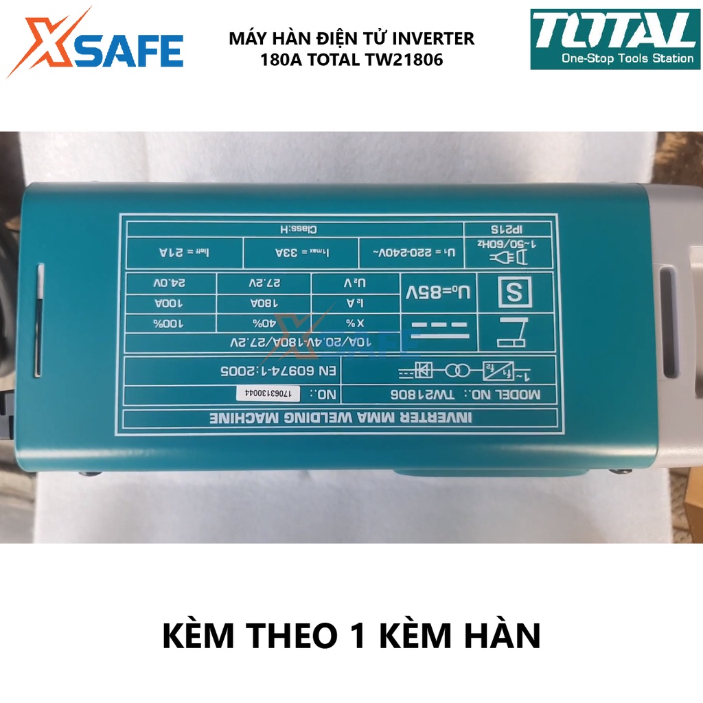 Máy hàn điện tử TOTAL TW21806 Máy hàn Inverter MMA 85V Điện áp ra tối đa 130A Kích thước que hàn 1.6 – 4.0 mm