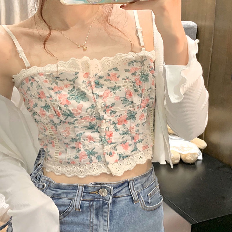 Áo Cardigan Hai Dây Họa Tiết Hoa Màu Trắng Nhỏ Hàng Mới Thời Trang Mùa Hè Cho Nữ