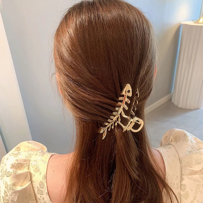 Kẹp Tóc Kim Loại Hình Xương Cá Đính Đá Đơn Giản Thời Trang