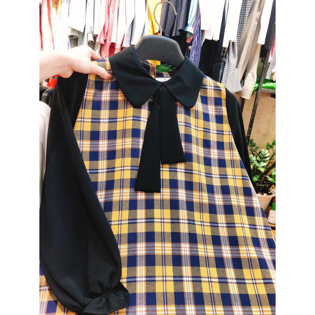 ĐẦM BẦUFREESHIPVáy caro vàng cổ đức pha đen