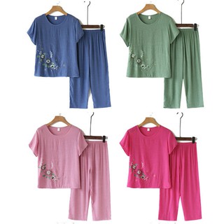 Đồ bộ nữ 💖FREESHIP💖 Bộ quần lửng, áo cộc tay nữ trung niên lanh cotton in hoa vạt áo.