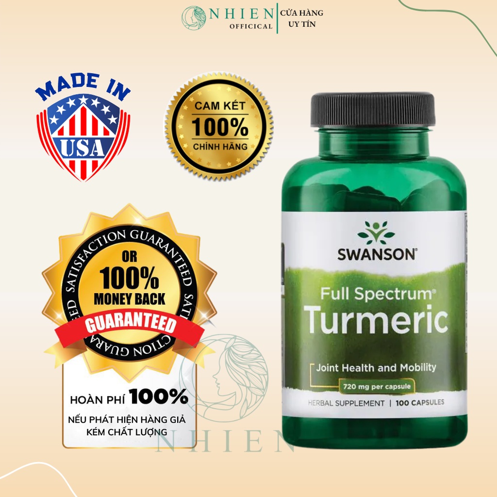 Viên uống tinh chất nghệ Turmeric 720mg Swanson giảm đau dạ dày, tăng cường sức khỏe, ngăn ngừa ung thư 100 viên