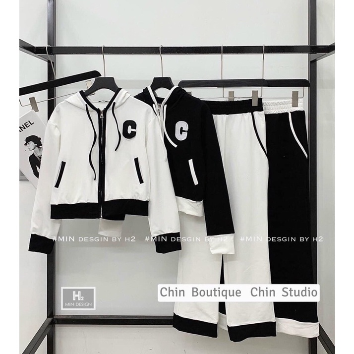 Set bộ mũ khoá chữ C thêu nổi quần ống suông phối