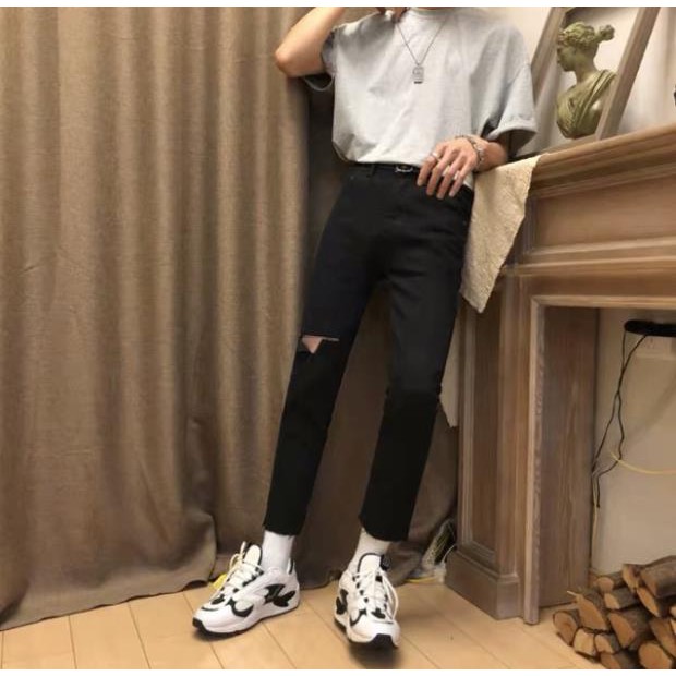 [Tiền Nào Của Đấy]Quần Jean Nam Rách Gối Một Bên Màu Đen Dáng Skinny Phong Cách Hàn Quốc Hot Trend 2020(Hàng Sẵn)-J06