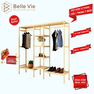 Tủ , Kệ Treo Quần Áo 3 Gian Triple Hanger BelleVie Bằng Gỗ Thông Lắp Ráp KT 151Cm x 35cm x 150Cm Nội Thất Hàn Quốc