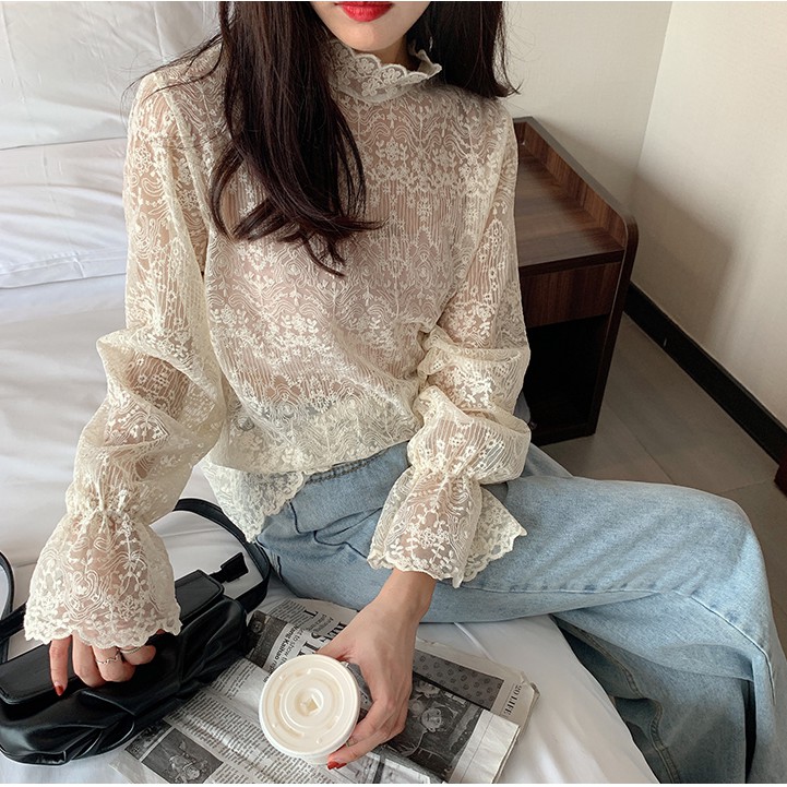 Áo thun ren phối cổ lọ dài tay thời trang Hàn Quốc dành cho nữ sành điệu | BigBuy360 - bigbuy360.vn