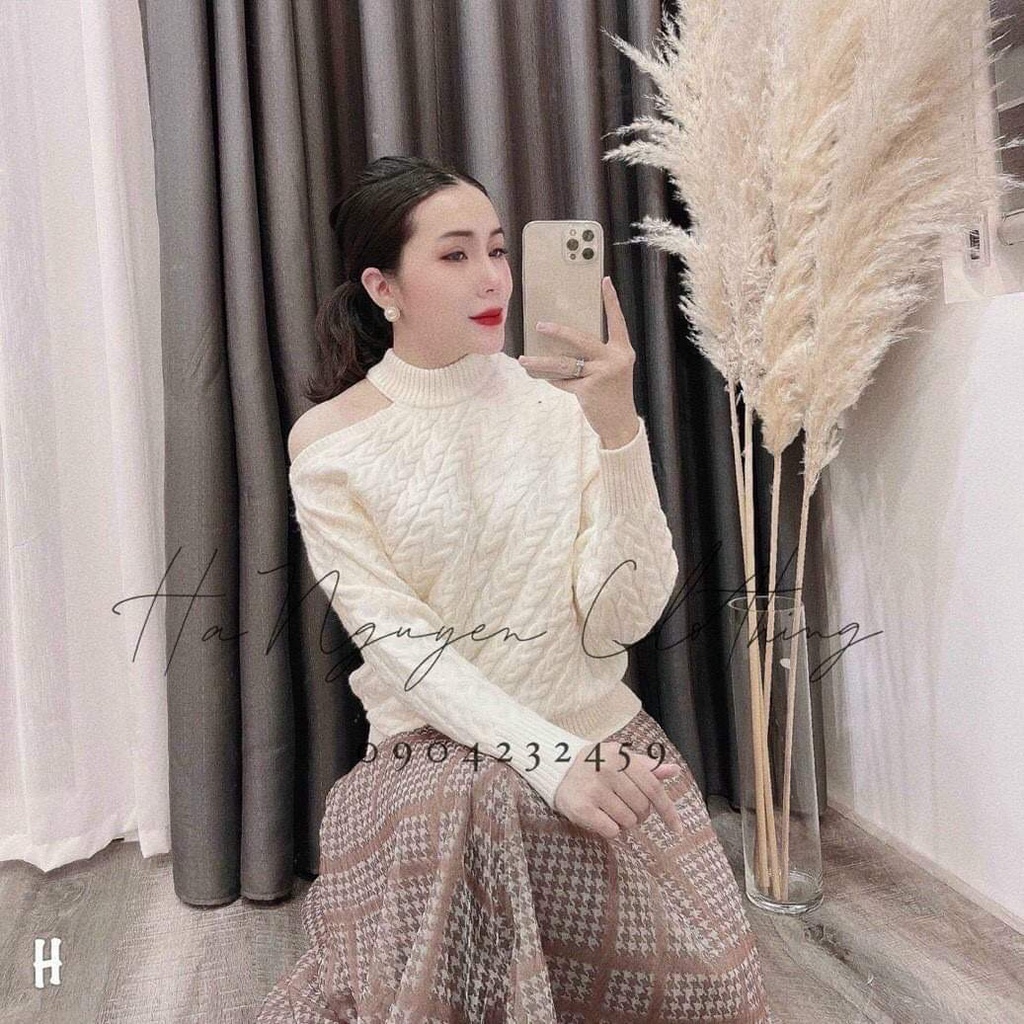 Áo len thừng nữ, áo len lệch vai tay dài form rộng chất len dày dặn mặc mịn phom dễ mặc tông màu trắng xinh Oanh Shop | BigBuy360 - bigbuy360.vn