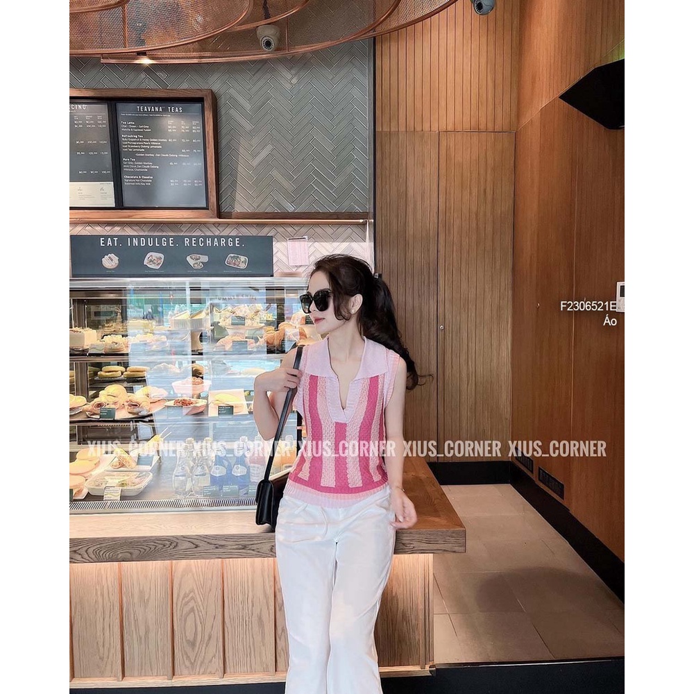 Áo len kiểu sọc cổ tim bẻ sát nách hàng QC!