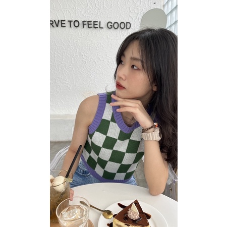Áo Croptop Gile Len Caro Xanh TrắngÁo Croptop Gile Len Caro Xanh Trắng Hàn Quốc - 𝘿𝙤𝙧𝙞𝙨 |A21| Cowy_S