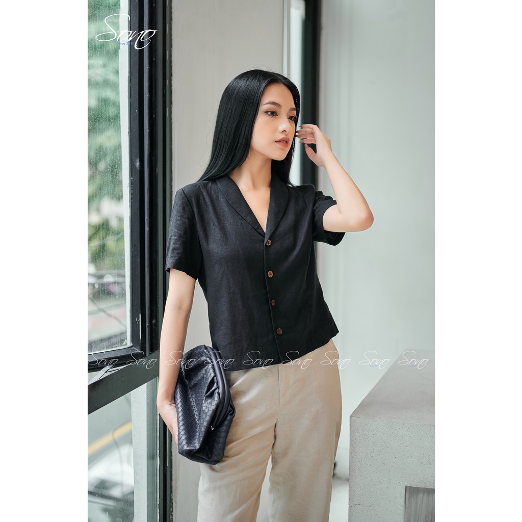 SONO - Áo Sơ Mi Chất Liệu Linen Cộc Tay Dáng Crop Top Đen Cố Vest Chất Liệu Linen Cao Cấp Chuẩn Form