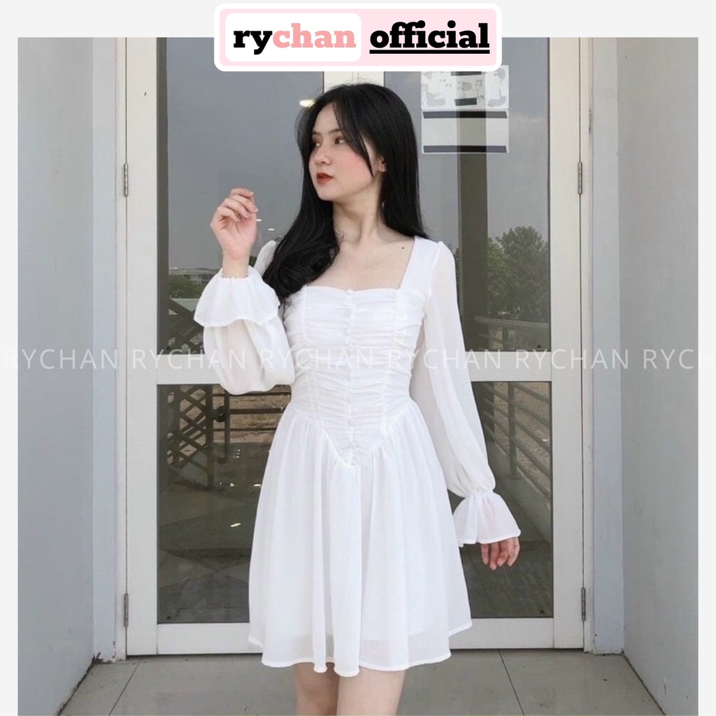 Đầm Nữ Dự Tiệc Cưới Cổ Vuông Tay Dài Nhúng Trước 2 Lớp Dày Dặn Cực Đẹp Màu Trắng - DX9823
