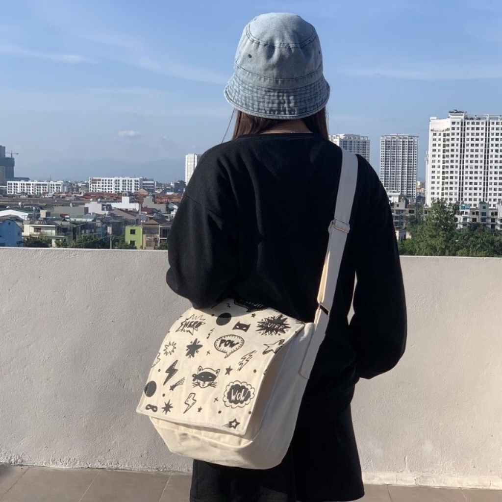 Túi tote vải đeo chéo canvas unisex cao cấp đựng vừa khổ a4 đi học đi chơi CVI35