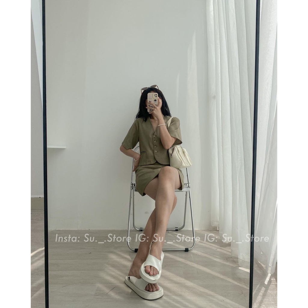 Set áo croptop cổ vest cúc dọc kèm chân váy trơn S343 SUSTORE