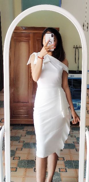 Váy trắng body lệch vai V1147-DVC- Huyền Anh shop - siêu rẻ- siêu chất