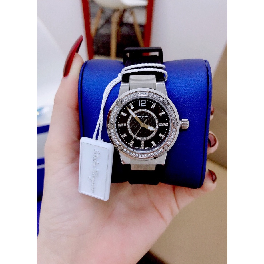 Đồng Hồ Nữ Ferragamo F-80 Diamond Dây Cao Su , Cọc Số Nạm Đá , Size 33mm