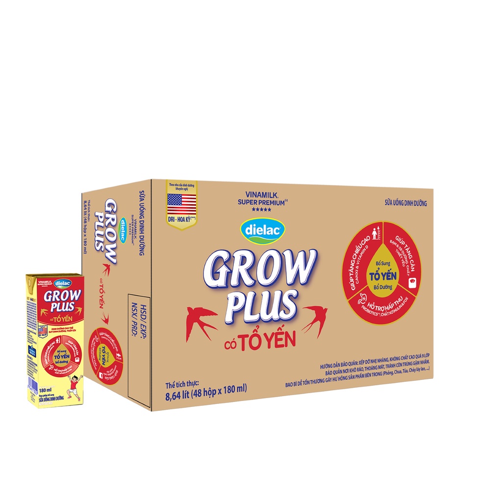 Thùng 48 Hộp Sữa Bột Pha Sẵn Vinamilk Dielac Grow Plus Có Tổ Yến 180ml/hộp - Sữa Hỗ Trợ Trẻ Suy Dinh Dưỡng, Thấp Còi