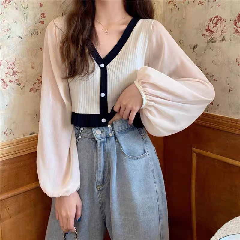 Áo croptop nữ len tăm phối tay voan dài bánh bèo cổ chữ V Áo sơ mi tay bồng phong cách mới karryshop