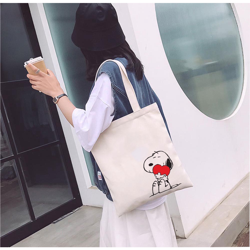 Túi tote vải mộc GINKO dây kéo in hình Snoopy and Friends M105