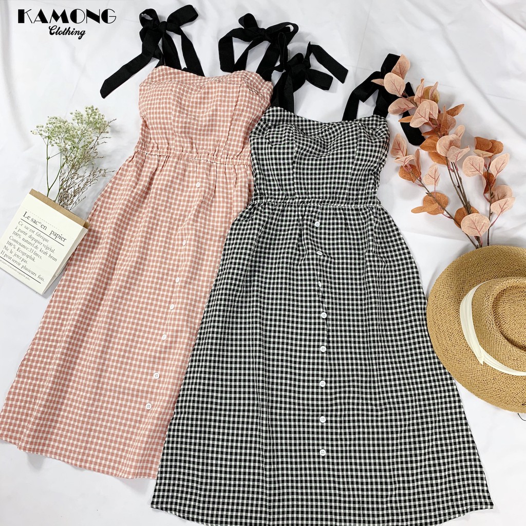 Đầm maxi caro nơ vai đen KAMONG D044