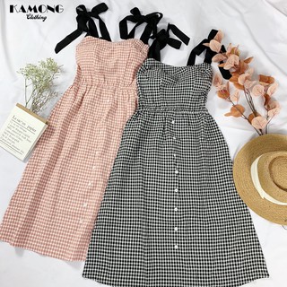 Đầm maxi caro nơ vai đen kamong d044